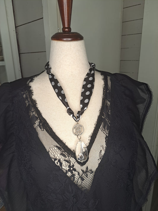 Retro Polka Dot Scarf Necklace with Dramatic Lucite Teardrop