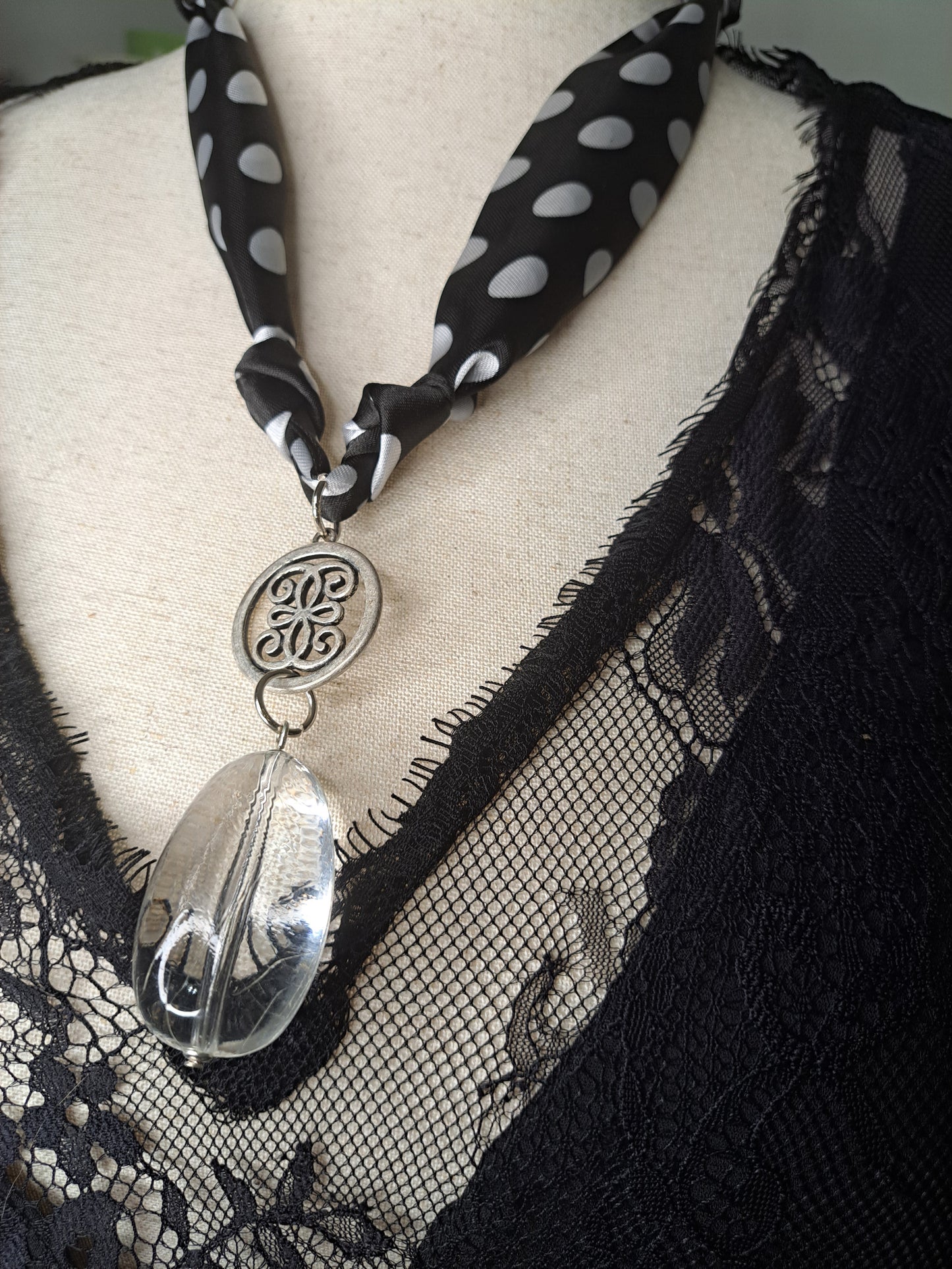 Retro Polka Dot Scarf Necklace with Dramatic Lucite Teardrop