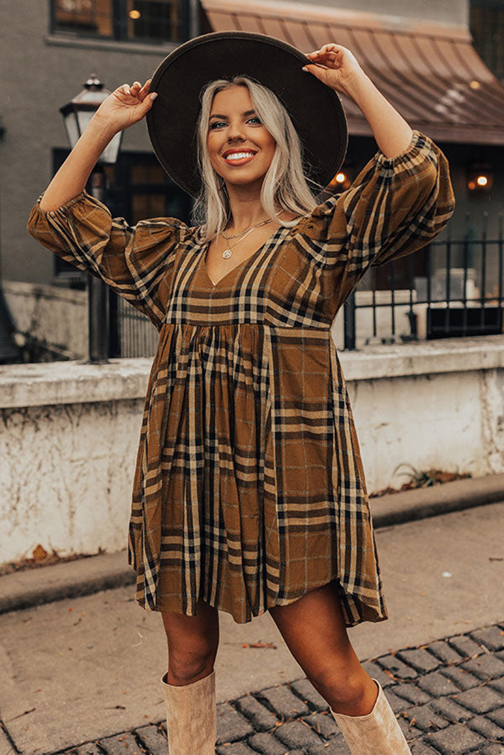 Brown Plaid Empire Waist Babydoll Dress