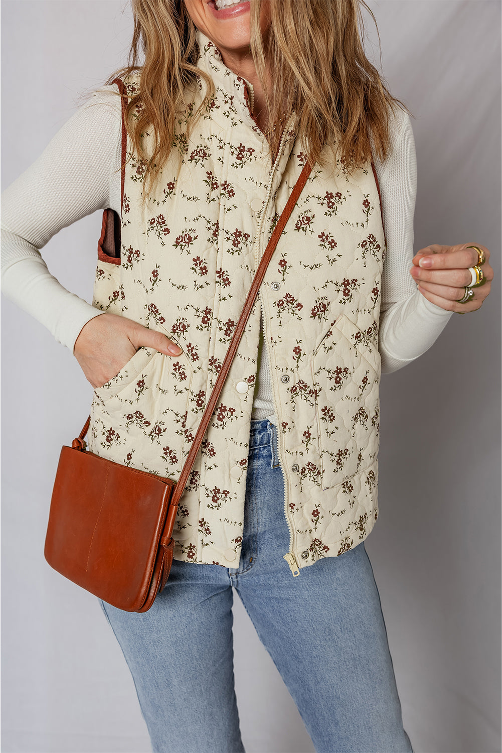 Cream Floral Print Zip Up Quilted Warm Vest