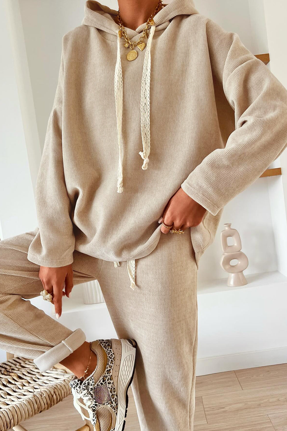 Parchment Drawstring Pullover Hoodie and High Waist Pants Corduroy Suit