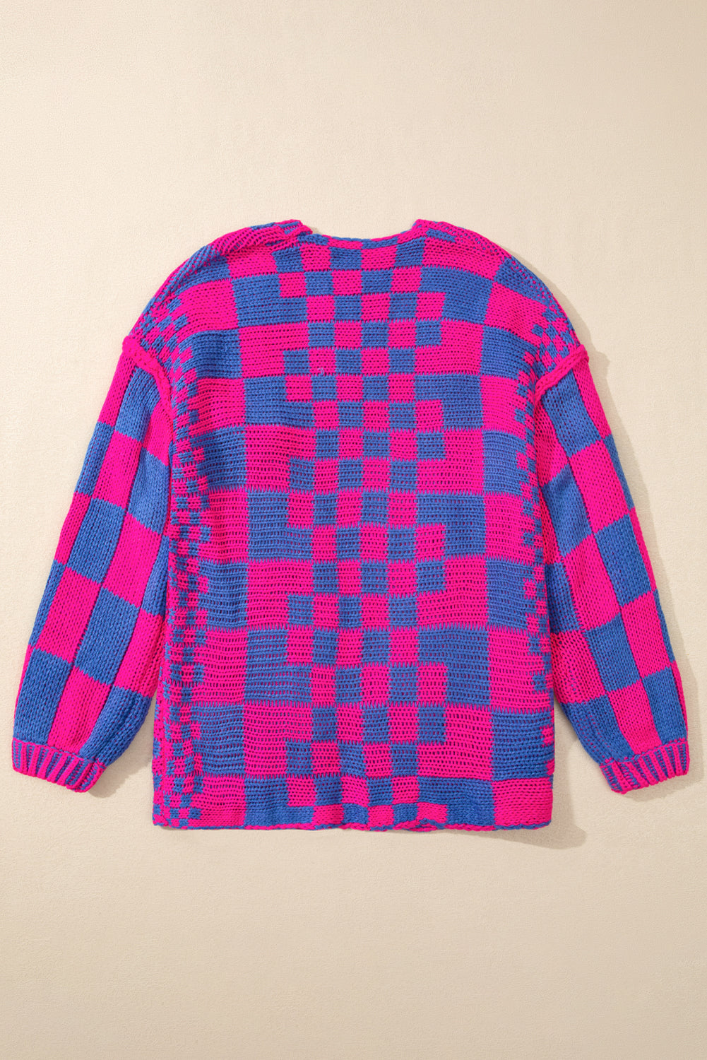 Colorblock Checked Loose Fit Open Front Knitted Cardigan