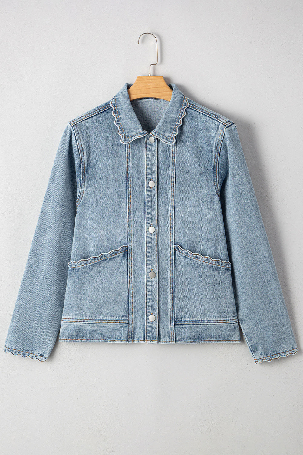 Scallop Trim Collar Pocket Button Up Denim Jacket