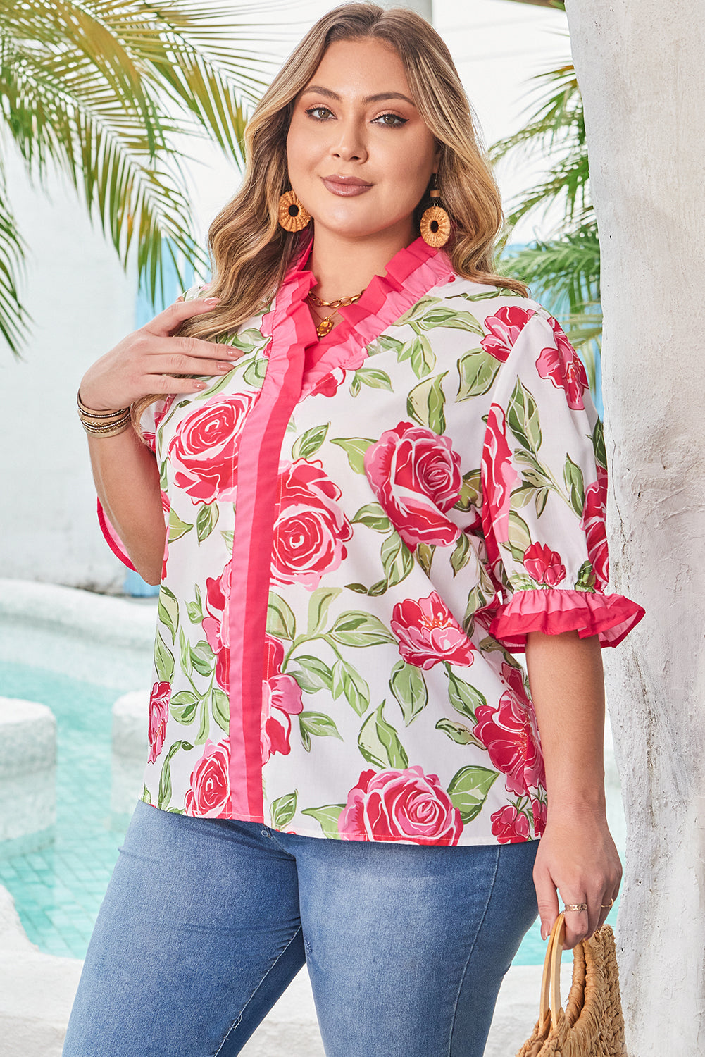 Rose  Floral Print Short Sleeve Blouse Plus Size