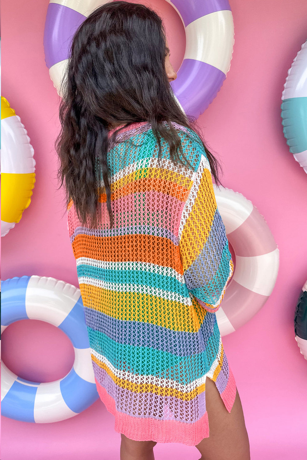 Multi Stripe Plus Size Open Knit Short Sleeve Sweater