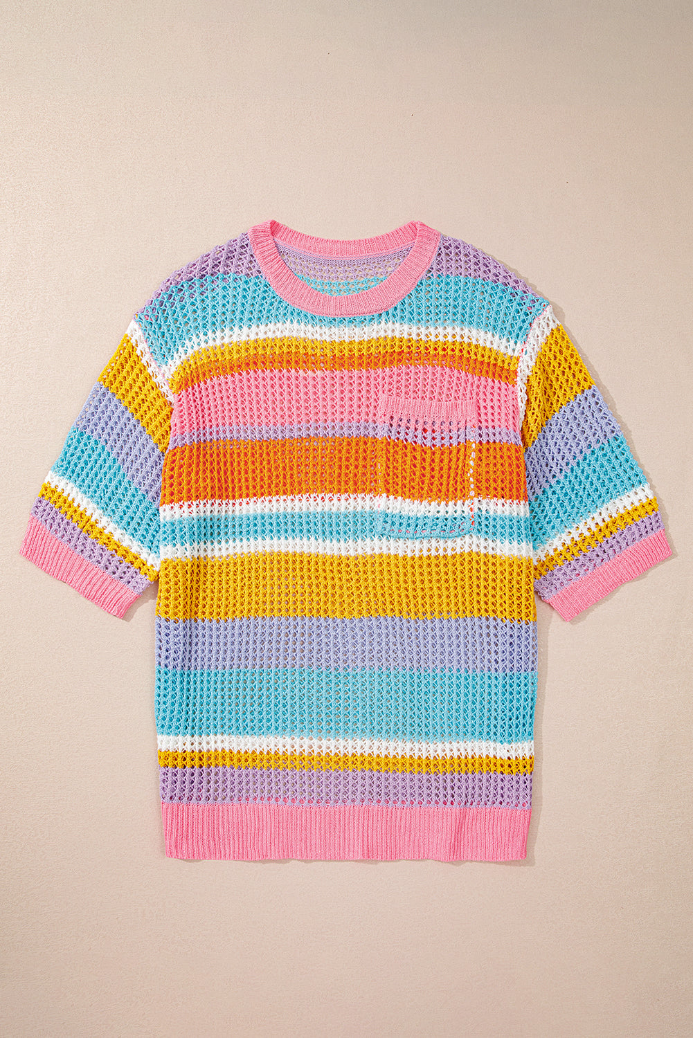 Multi Stripe Plus Size Open Knit Short Sleeve Sweater