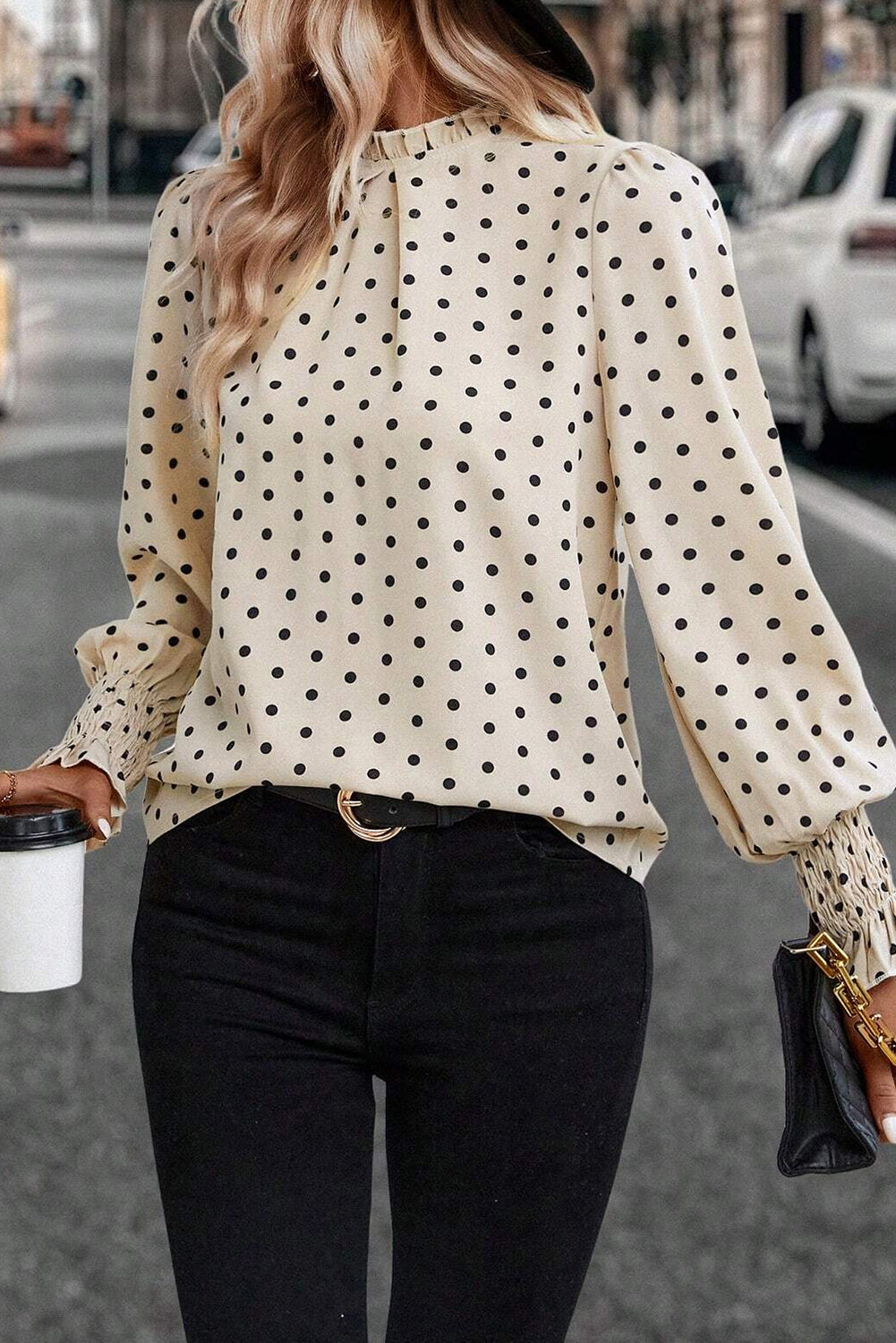 Polka Dot Print Frill Neck Smocked Sleeve Blouse