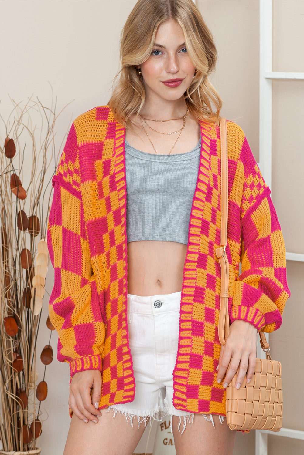 Colorblock Checked Loose Fit Open Front Knitted Cardigan