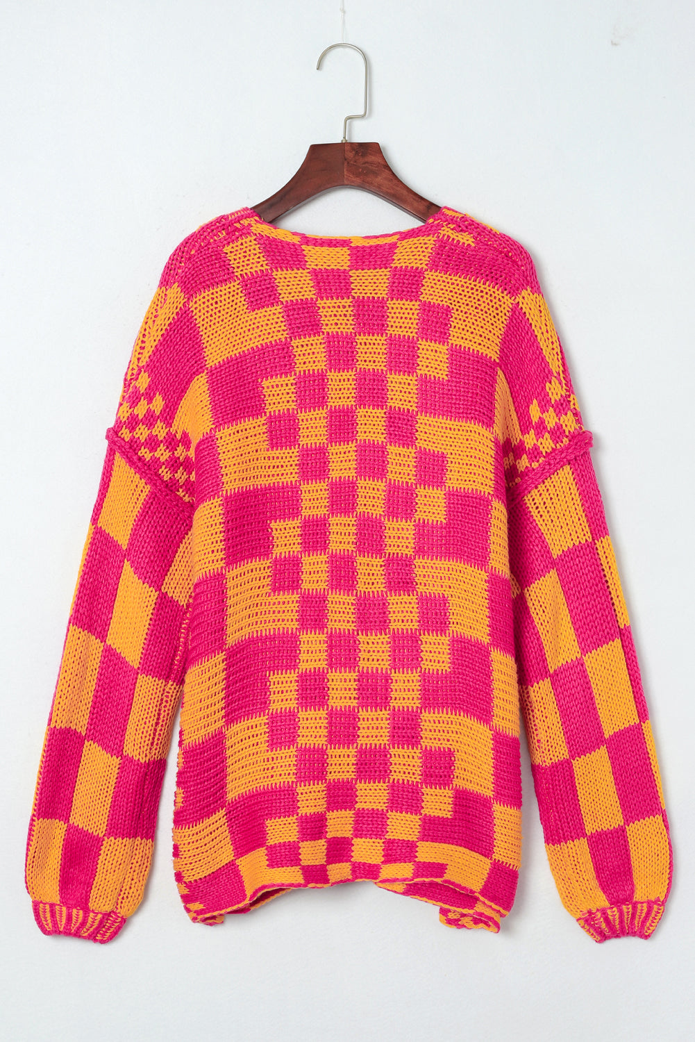 Colorblock Checked Loose Fit Open Front Knitted Cardigan