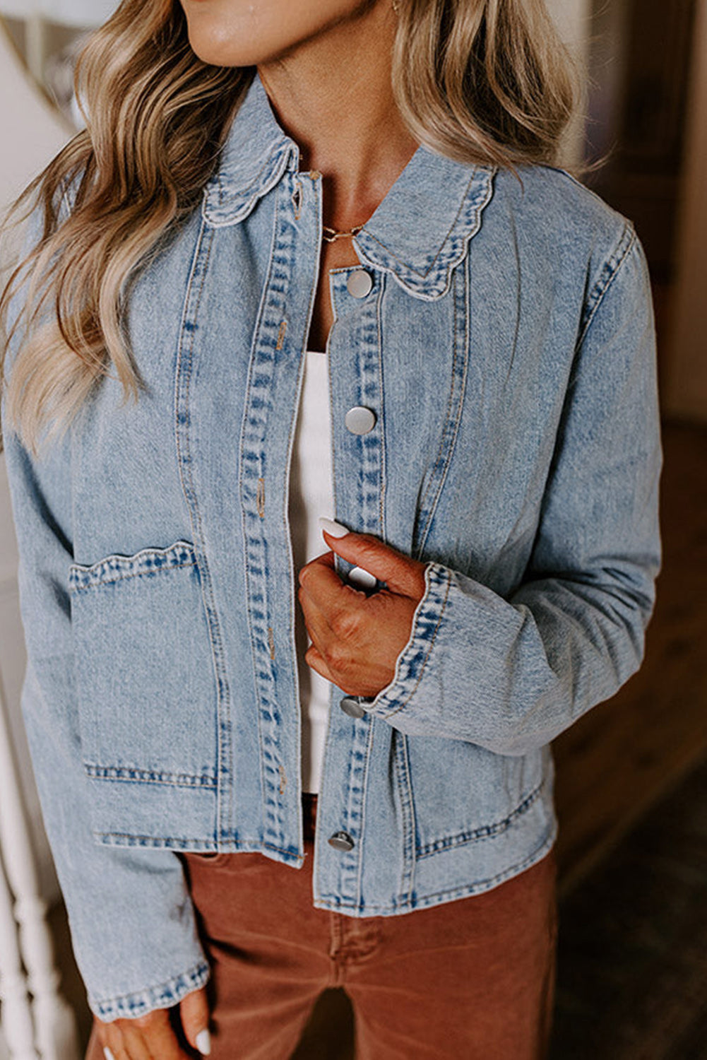 Scallop Trim Collar Pocket Button Up Denim Jacket