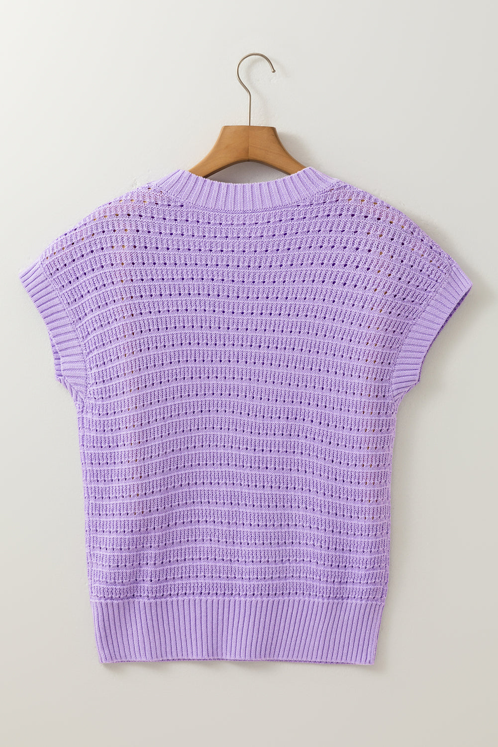 Lavender Solid Ribbed Trim Pointelle Knit Top