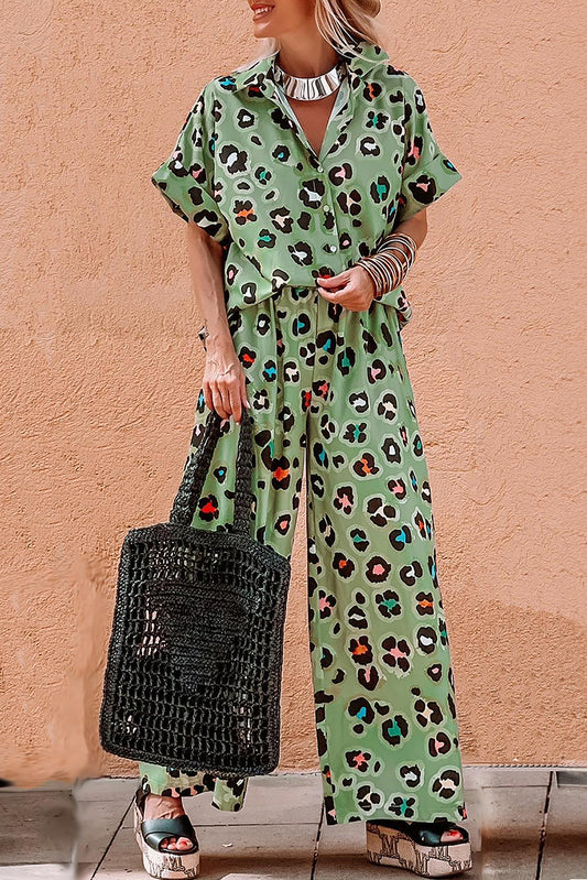 Leopard Print Short Sleeve Shirt and Wide Leg Pants Set