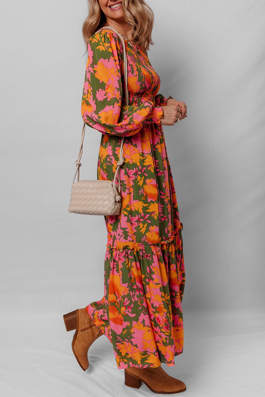 Orange Floral Puff Sleeve Smocked Bodice Tiered Dress