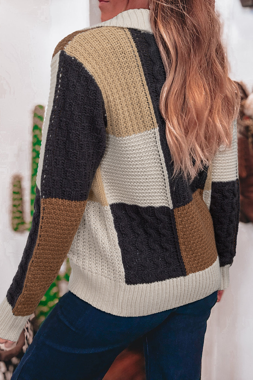 Colorblock Cable Knit Collared Sweater