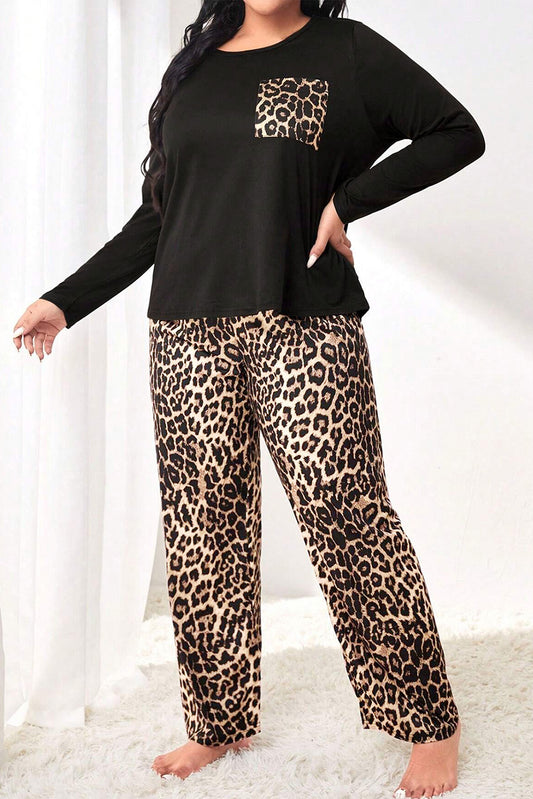 Black Leopard Long Sleeve Top Plus Size Pajama Set