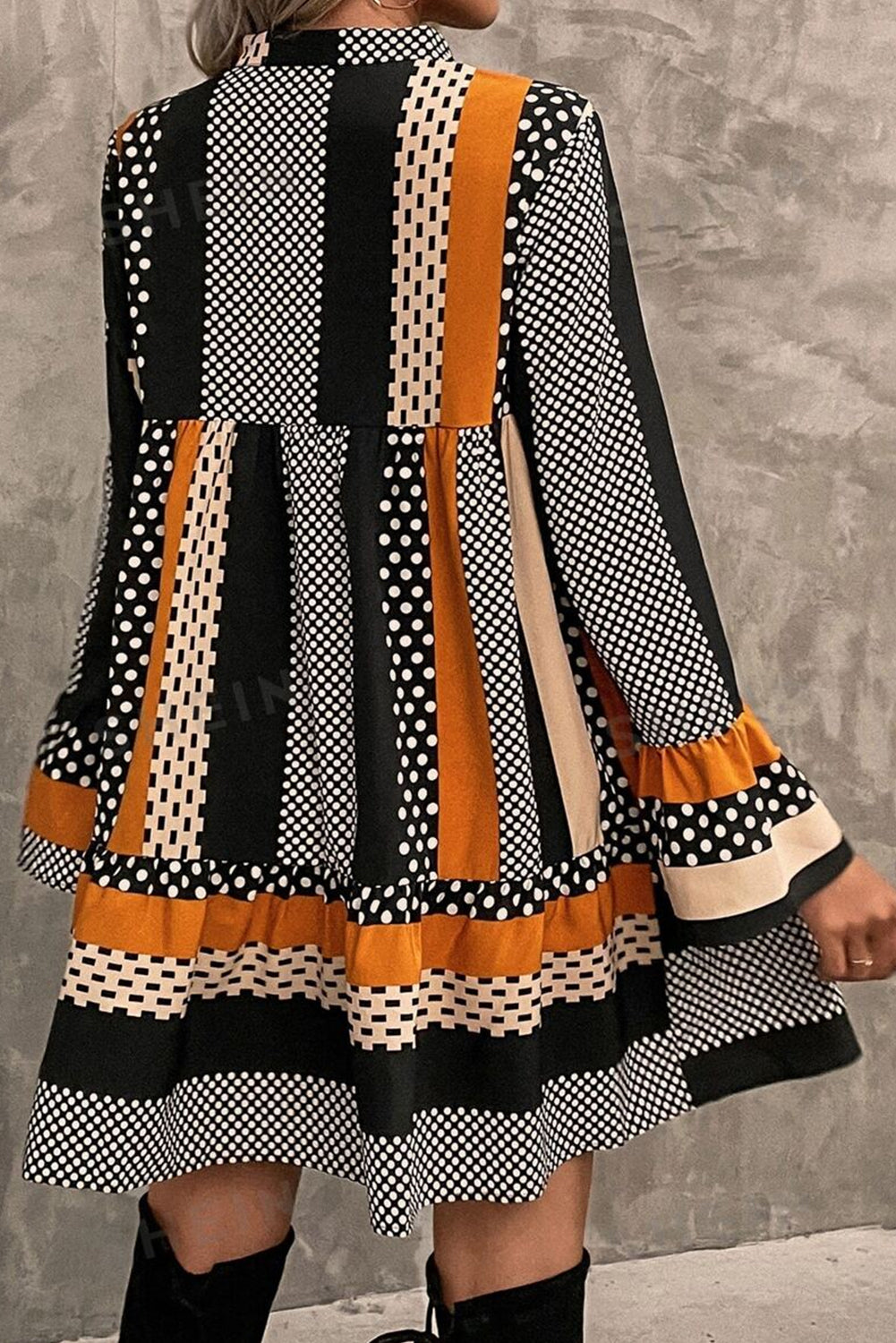 Striped Polka Dot Ruffle Hem Mini Dress
