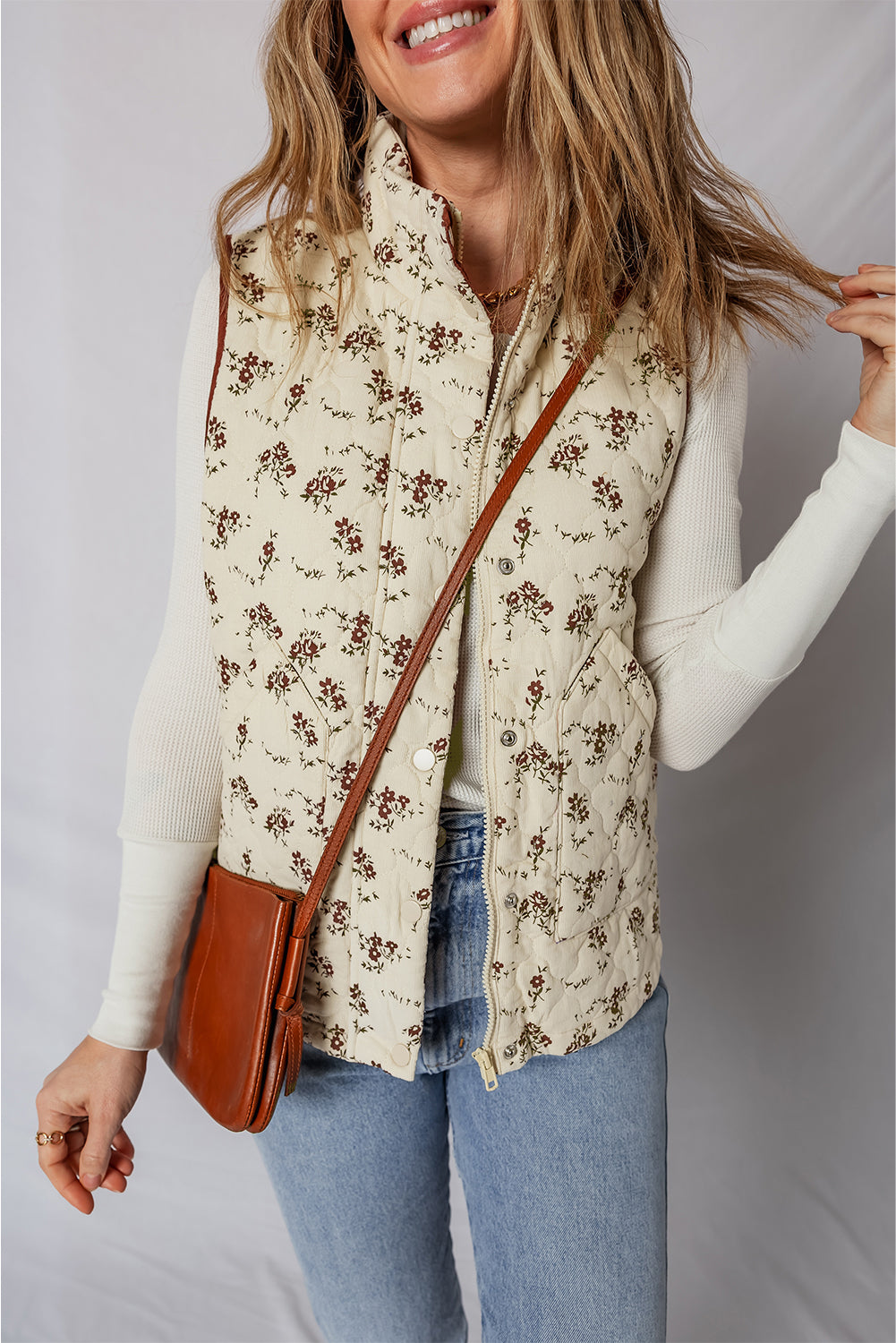 Cream Floral Print Zip Up Quilted Warm Vest