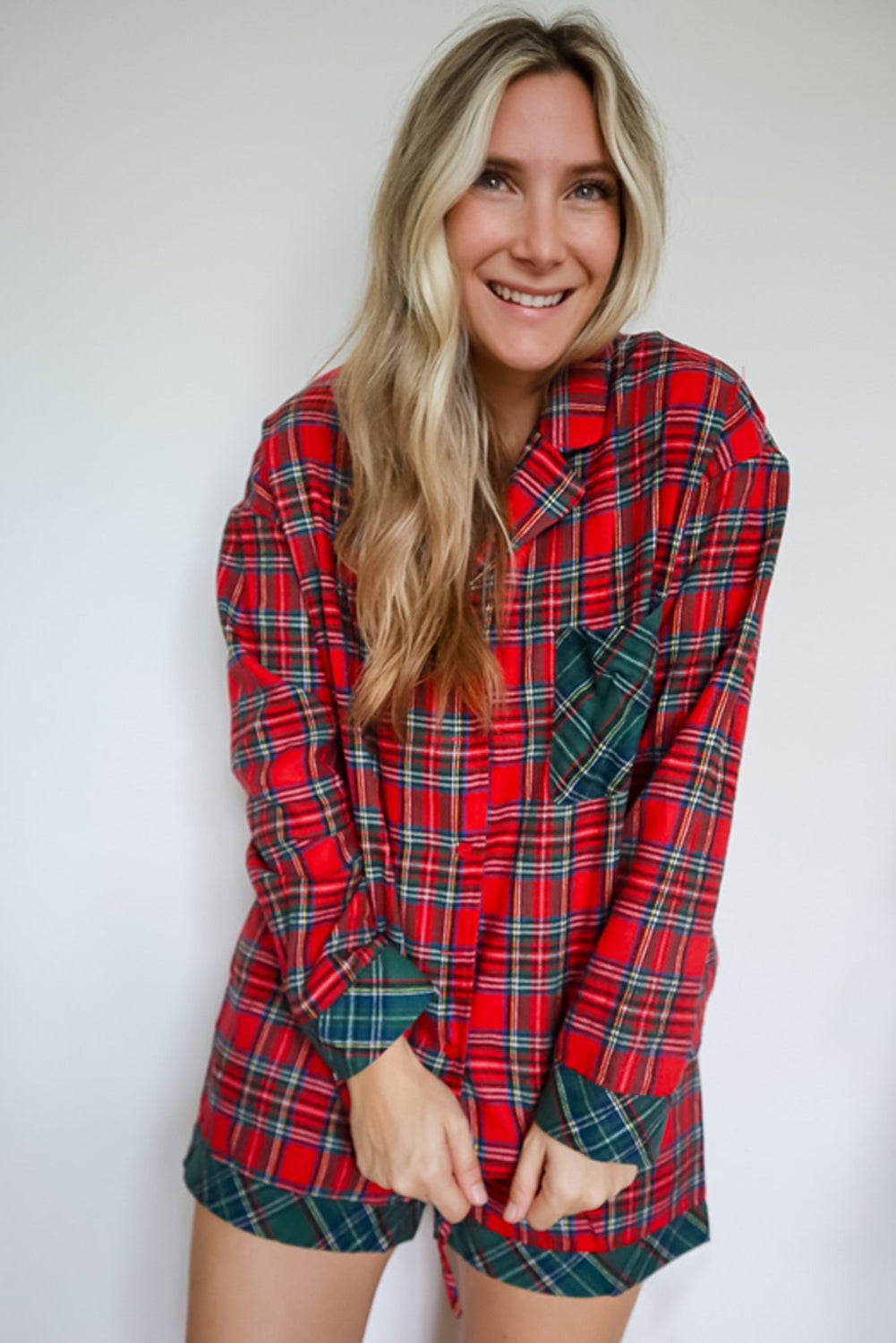 Red Plaid Contrast Color Christmas Holiday Long Sleeve Shirt and Shorts Pajama Set