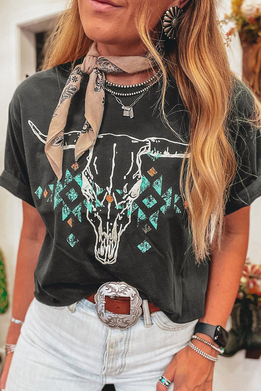 Carbon Grey Skull & Turquoise Graphic T Shirt