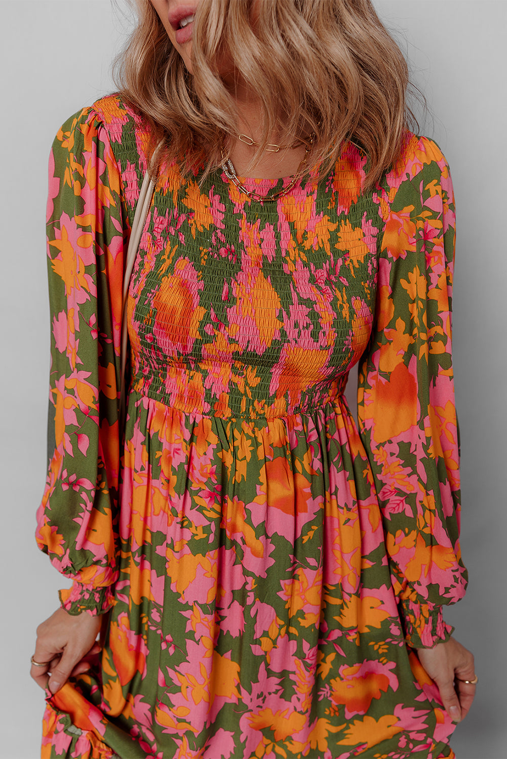Orange Floral Puff Sleeve Smocked Bodice Tiered Dress