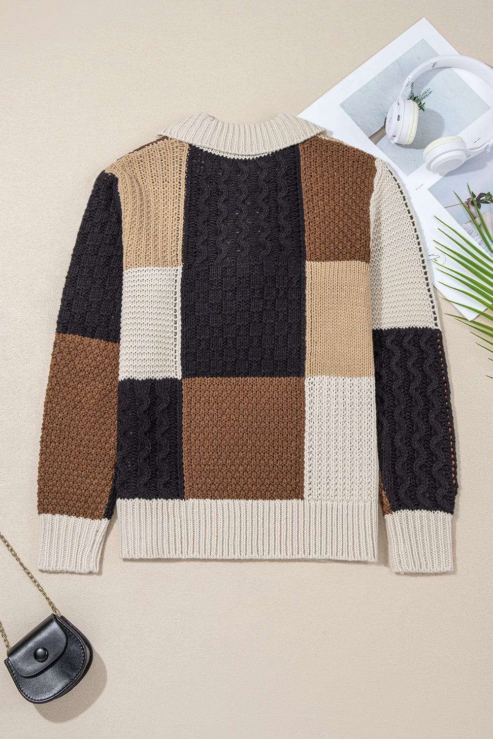 Colorblock Cable Knit Collared Sweater