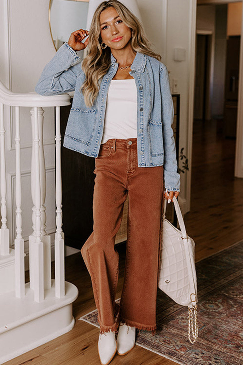 Scallop Trim Collar Pocket Button Up Denim Jacket
