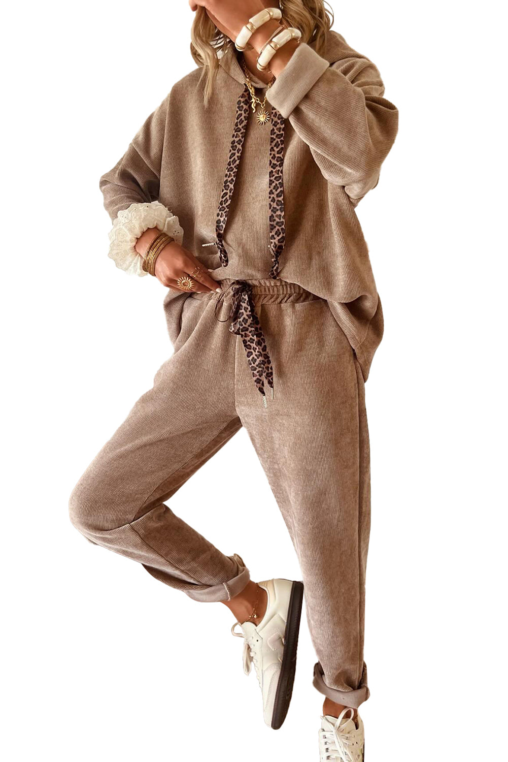 Parchment Drawstring Pullover Hoodie and High Waist Pants Corduroy Suit