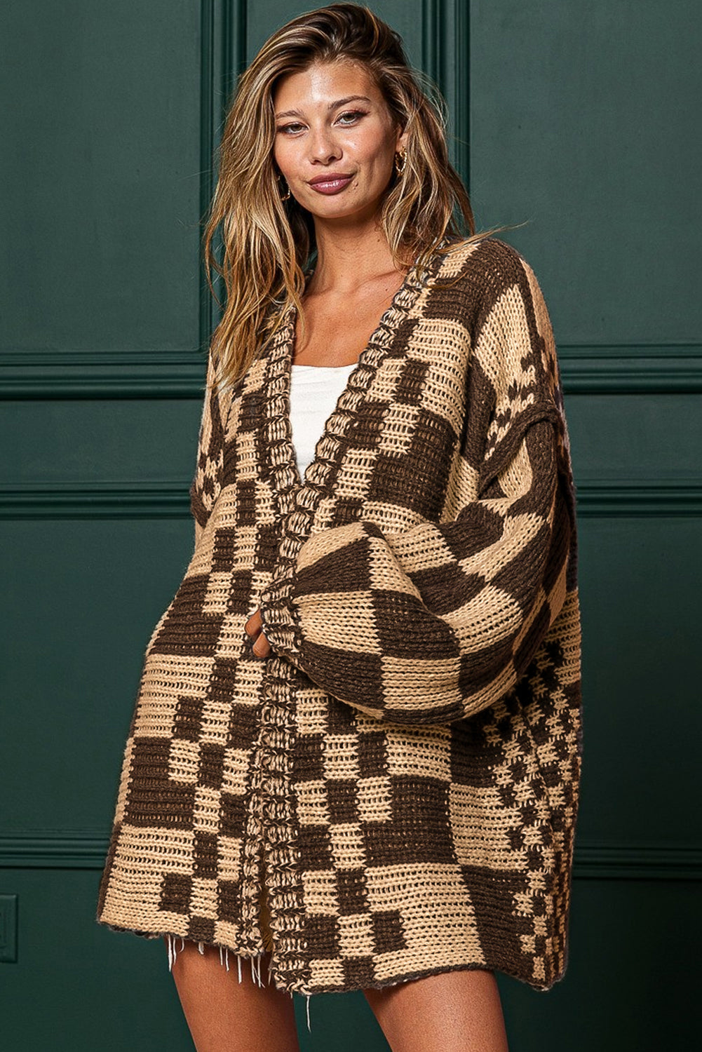 Colorblock Checked Loose Fit Open Front Knitted Cardigan