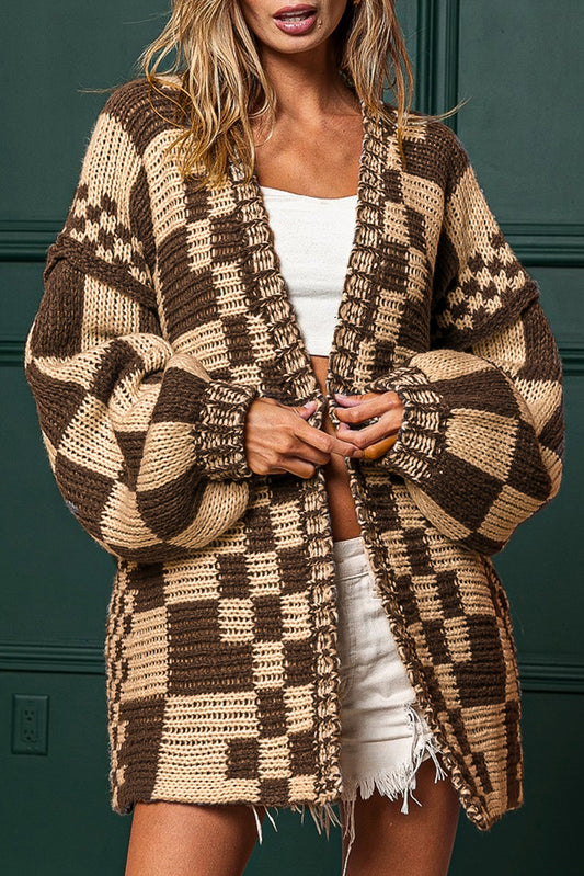 Colorblock Checked Loose Fit Open Front Knitted Cardigan