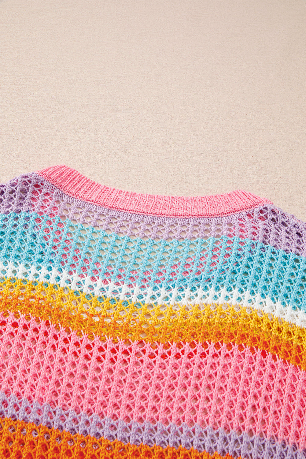 Multi Stripe Plus Size Open Knit Short Sleeve Sweater