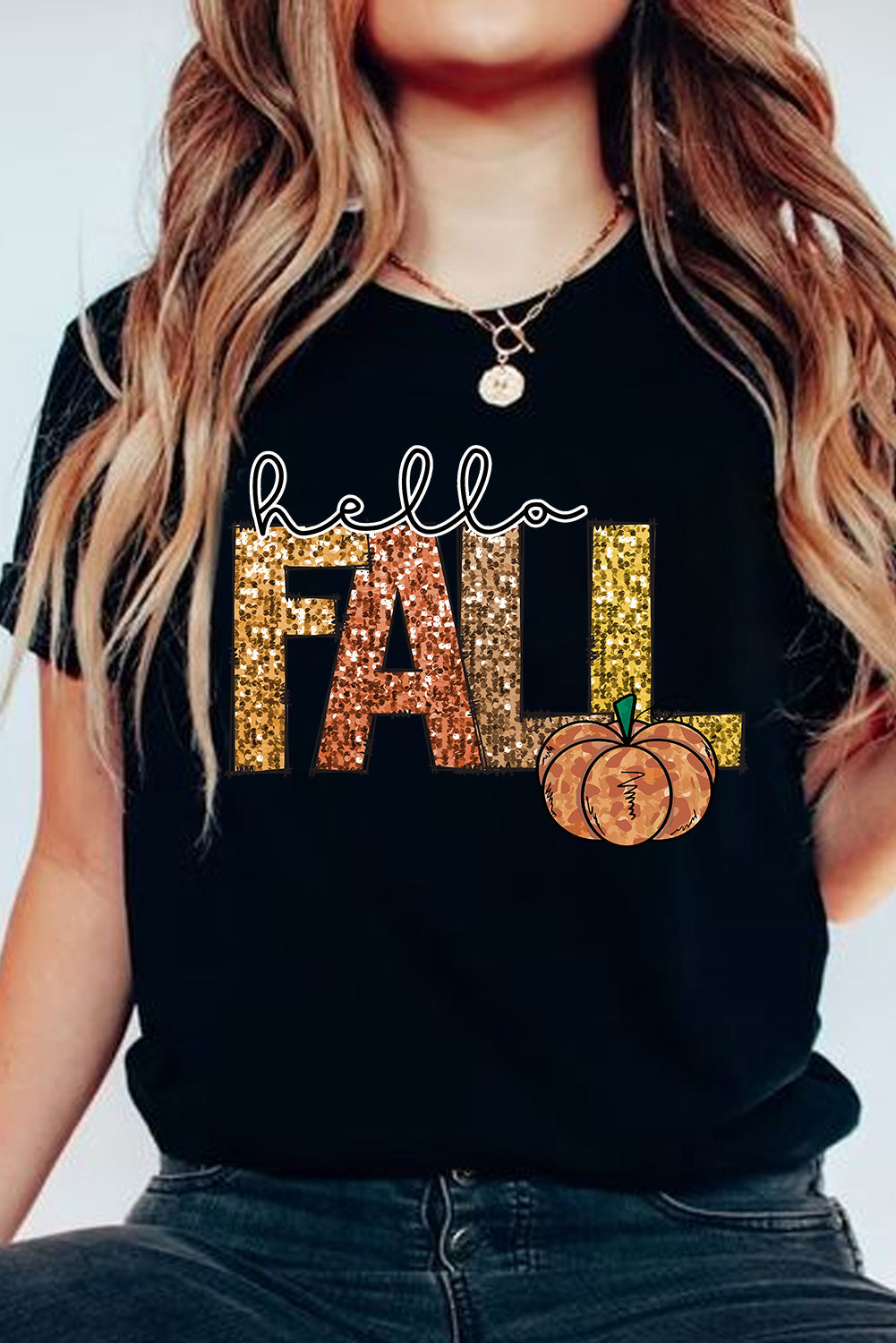Hello Fall Letter Pumpkin Printed T Shirt
