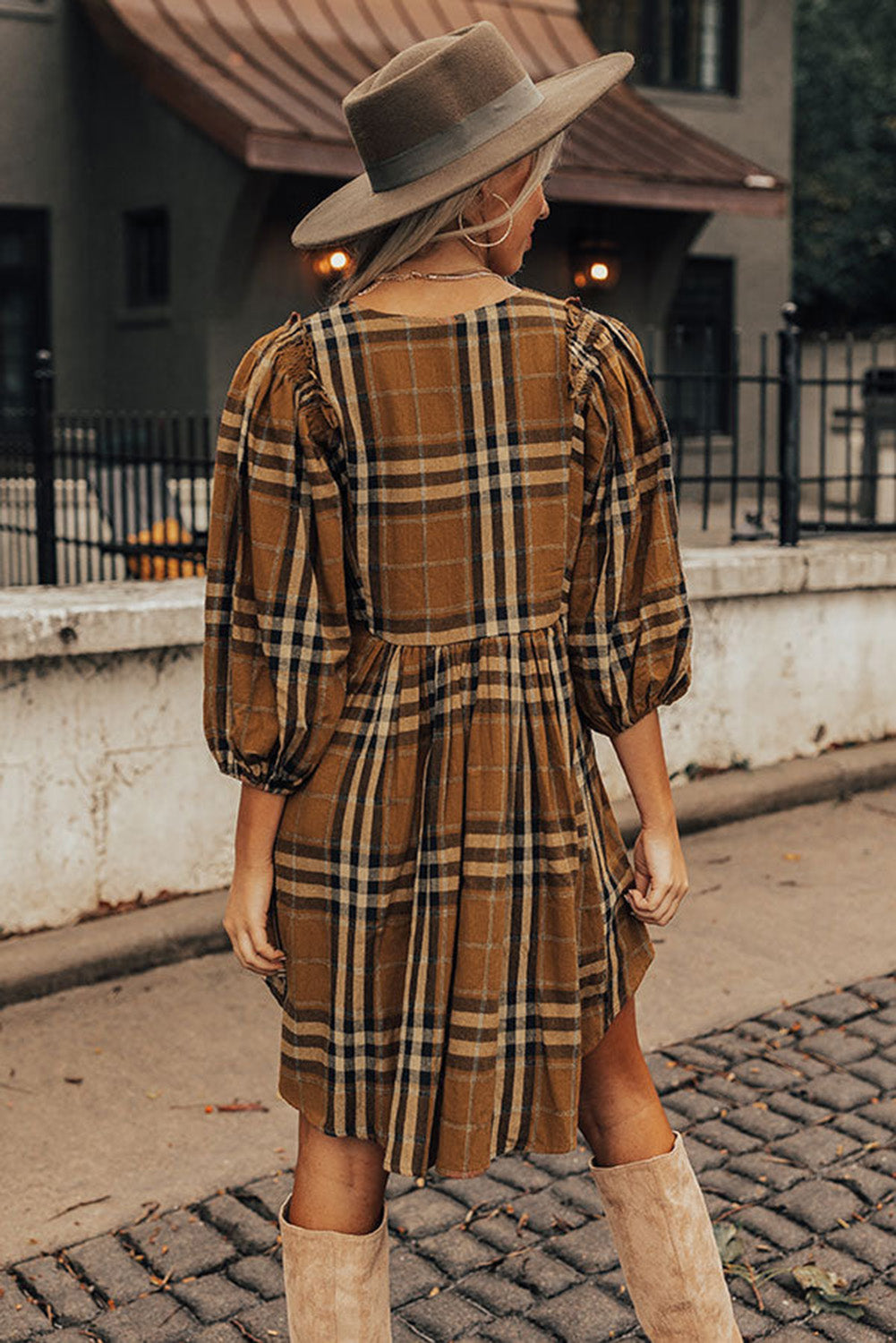 Brown Plaid Empire Waist Babydoll Dress