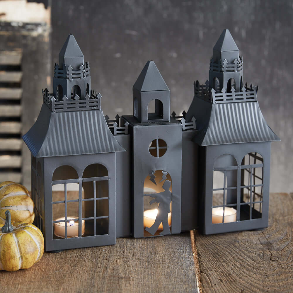 Vintage Frankenstein Castle Halloween Metal Tealight Luminary