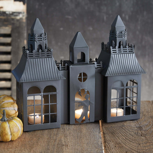 Vintage Frankenstein Castle Halloween Metal Tealight Luminary