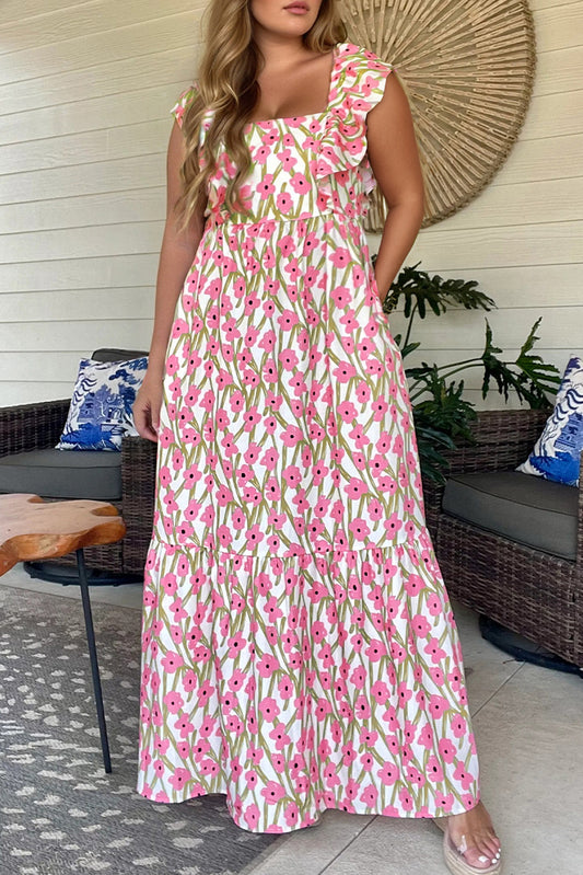 Pink Plus Size Ruffle Trim High Waist Floral Maxi Dress