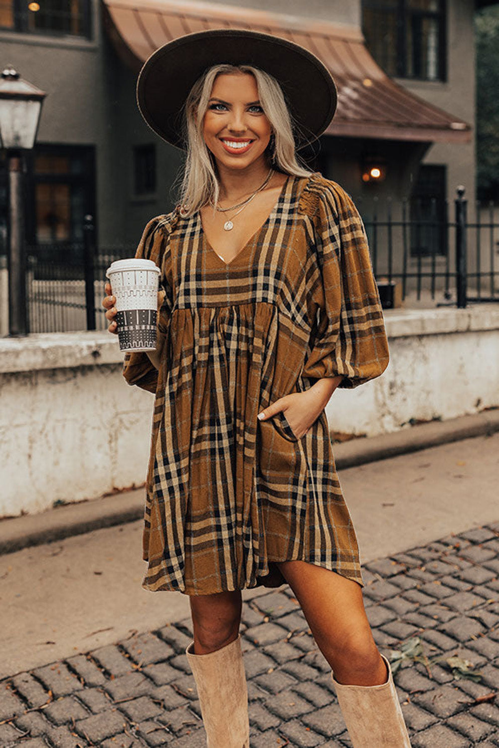 Brown Plaid Empire Waist Babydoll Dress