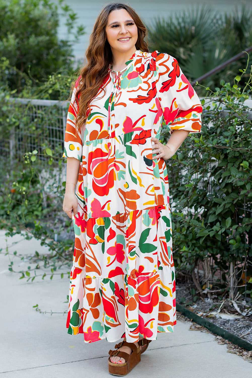 Big Floral Print Drawstring V Neck Tiered Plus Size Dress