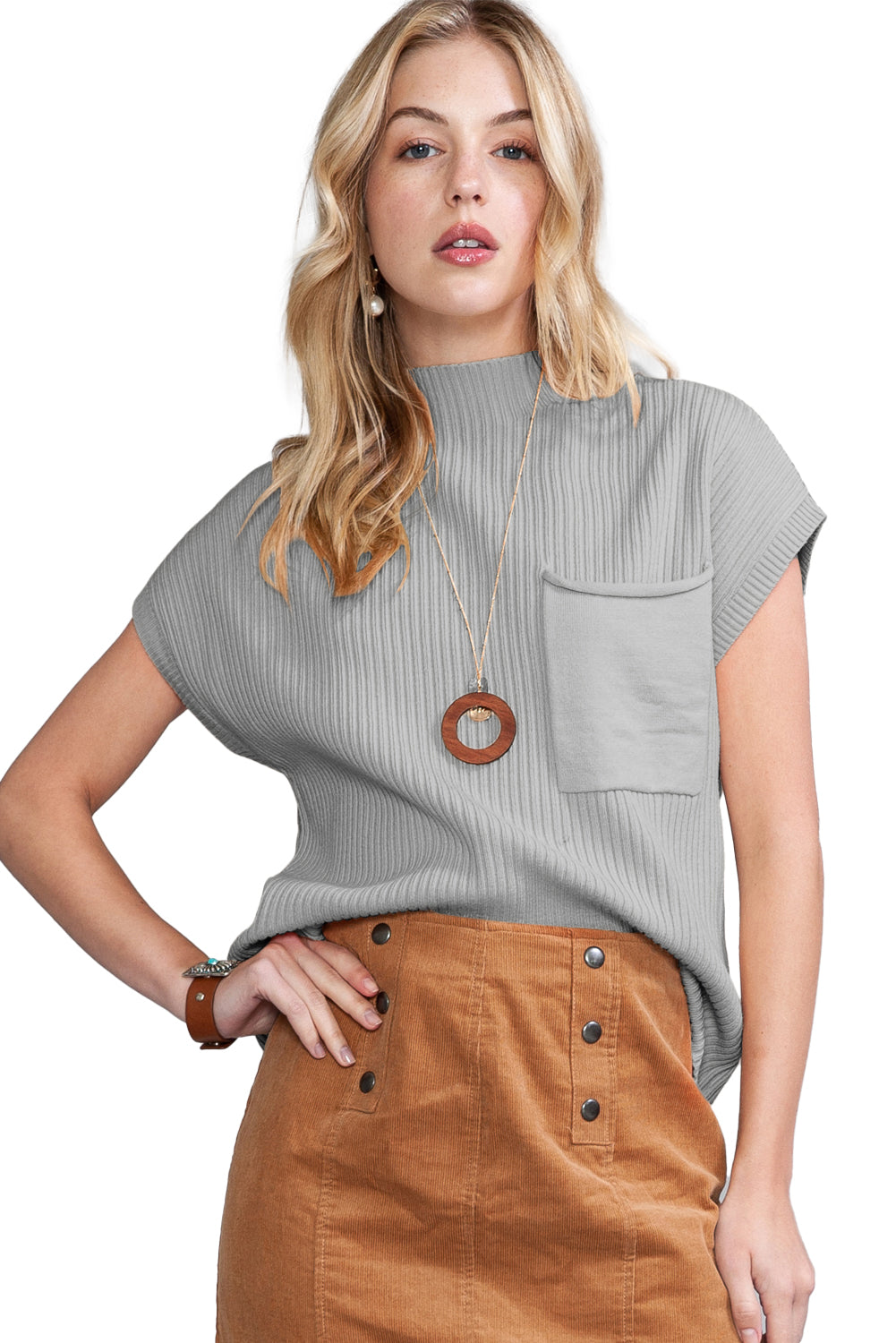 Patch Pocket Ribbed Short Sleeve Sweater