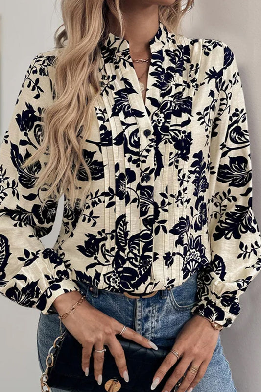 Cream Botanical Print Pleated Button-up Shirt