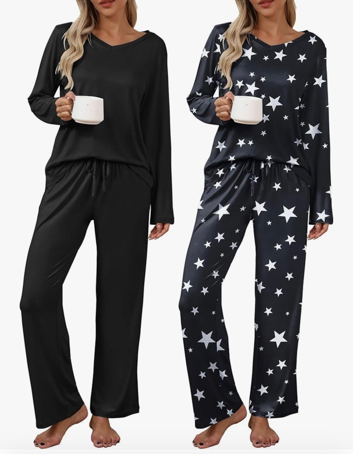 Gray or Black Star Print Two Piece Pajama (pockets)
