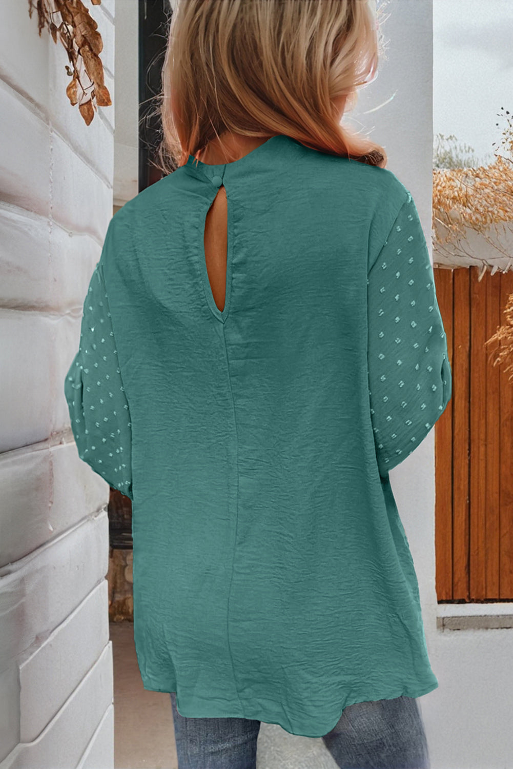 Swiss Dot Balloon Sleeve Patchwork Crinkle Blouse