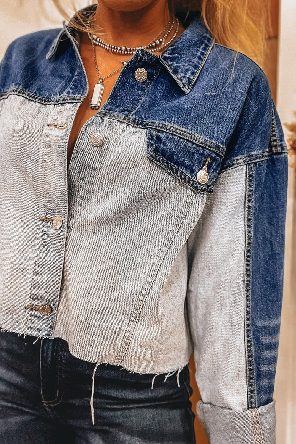 Dusk Blue Patchwork Distress Denim Jacket