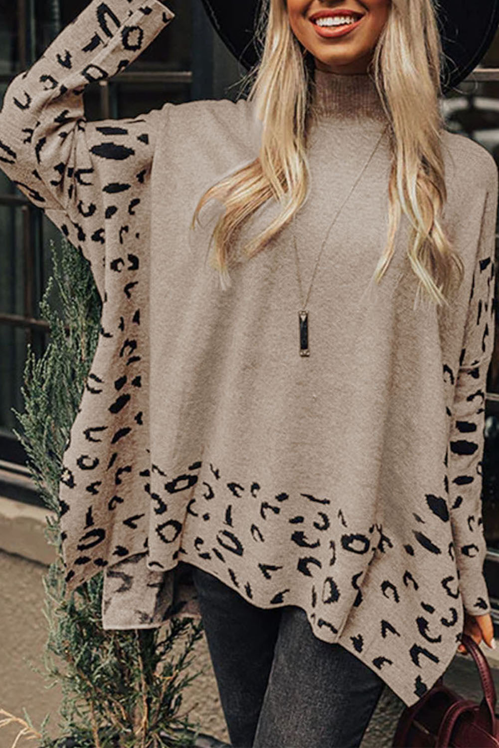 Khaki Leopard Side Slit Oversized Sweater