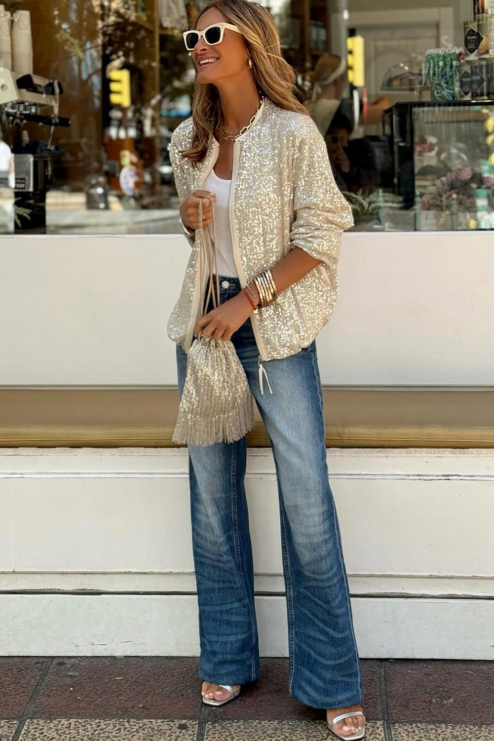 Cream Sequin Zip-Up Jacket