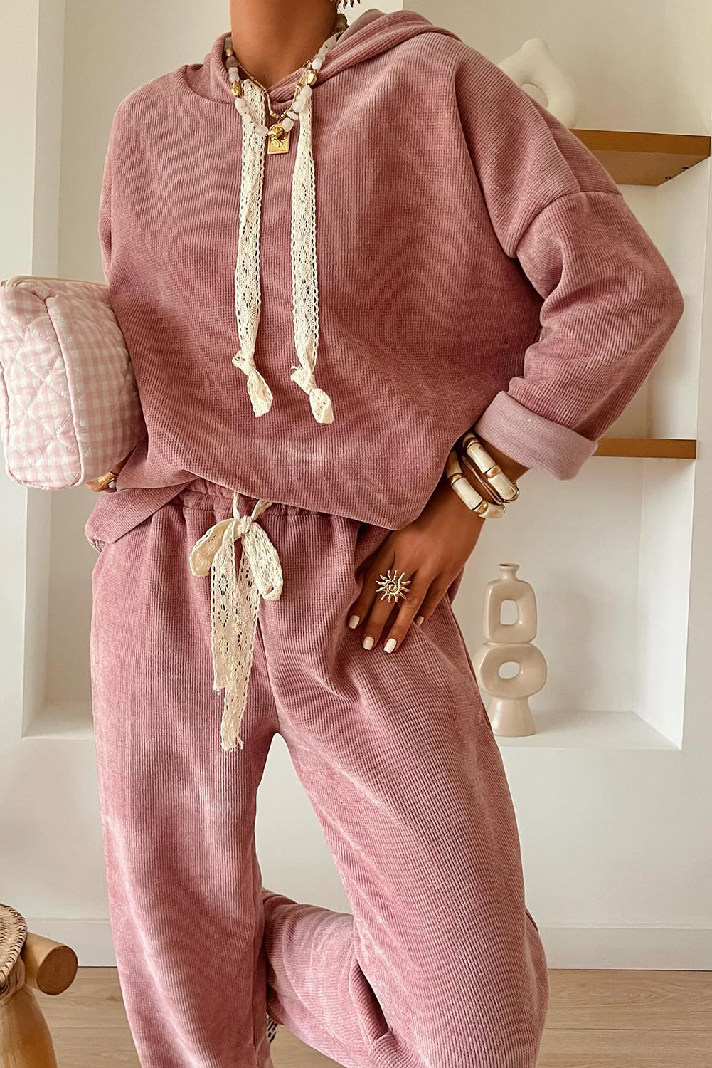 Parchment Drawstring Pullover Hoodie and High Waist Pants Corduroy Suit