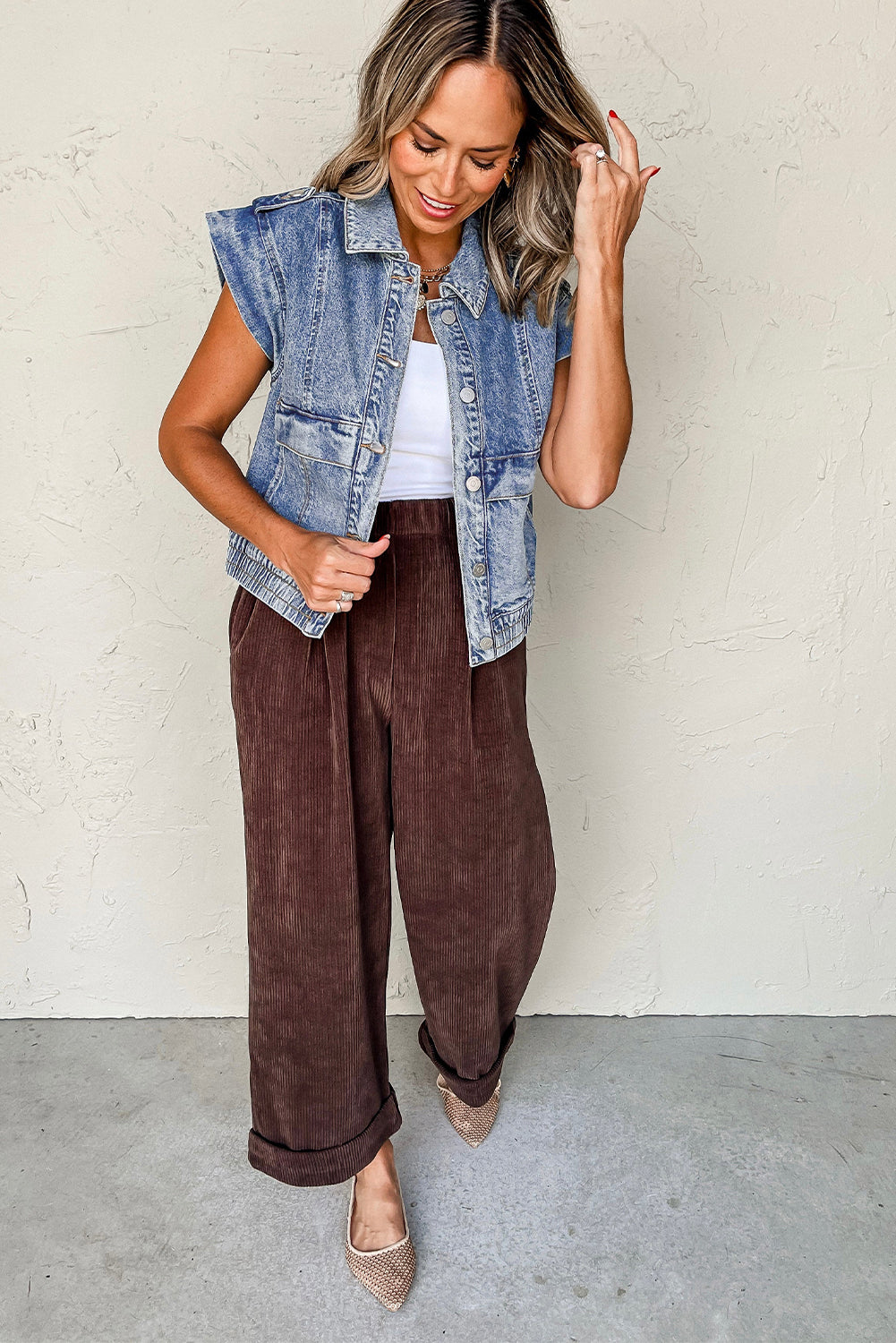 Acid Wash Elastic Hem Button Up Denim Vest