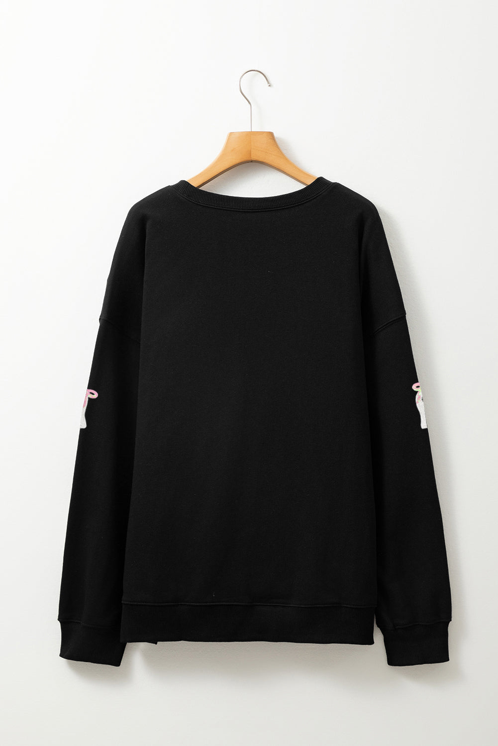 Black Cute Bow Ghost Sequins Patch Graphic Crew Neck Halloween Sweatshirt