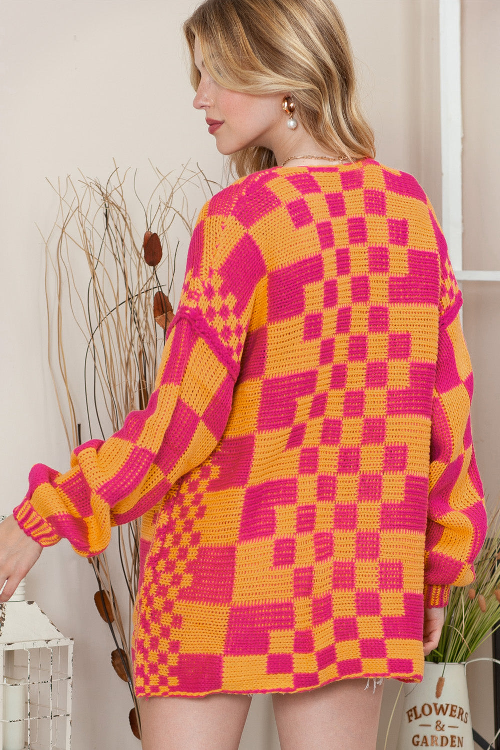 Colorblock Checked Loose Fit Open Front Knitted Cardigan