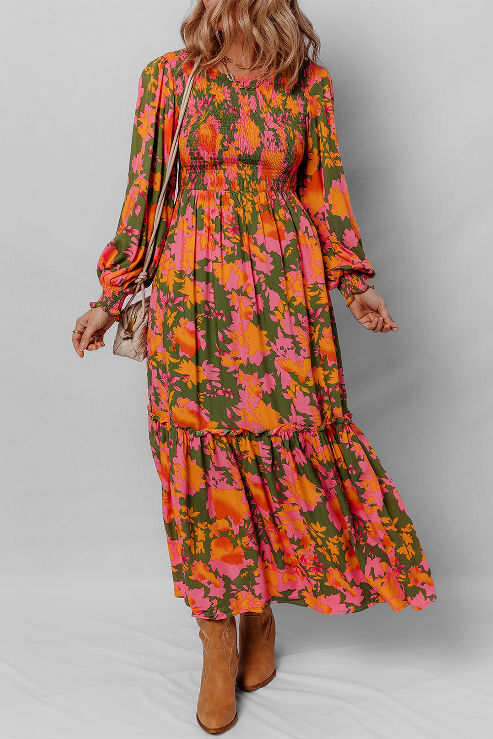 Orange Floral Puff Sleeve Smocked Bodice Tiered Dress