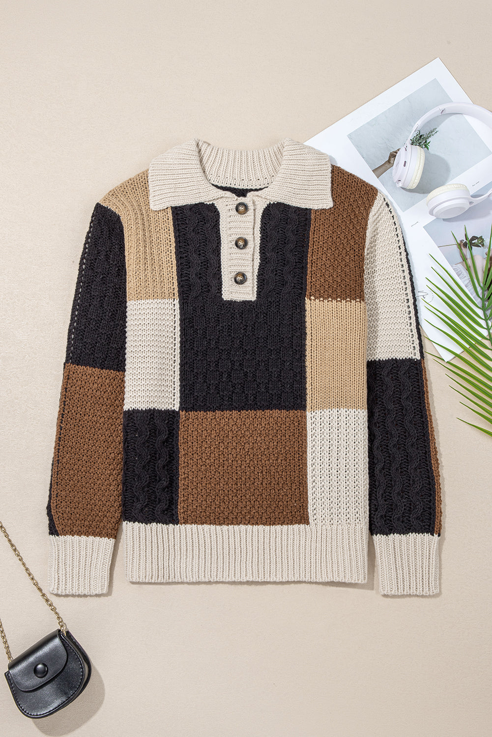 Colorblock Cable Knit Collared Sweater